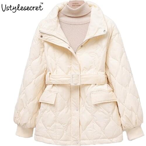 White Duck Down пуховик женский 2021 Jacket With Belt Autumn Winter Trendy пальто женское Elegant Loose Female Parkas U10836