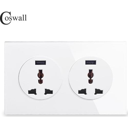 Coswall Crystal Glass Panel 2 Gang 13A Wall Outlet Universal Power Socket With Dual USB Fast Charging Port 146mm*86mm R11 Series