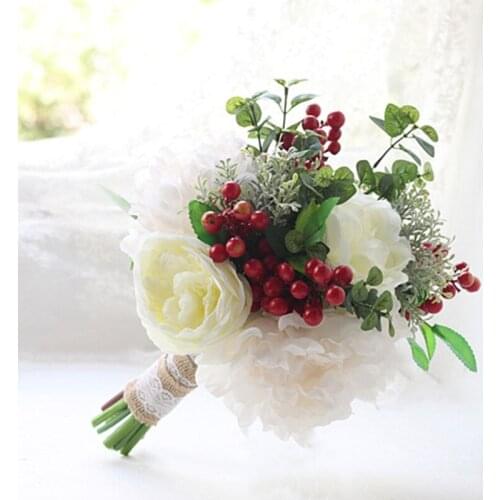 Wedding Bridal Bouquet Artificial White Peony Red Berries Holding Flowers Decor