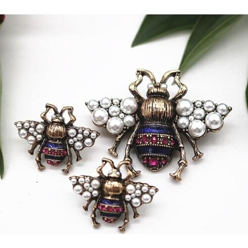 Vintage Alloy Enamel Imitation Pearl Insect Lady Brooch 925 Silver Stud Earrings Brooch Couple Set Holiday gift