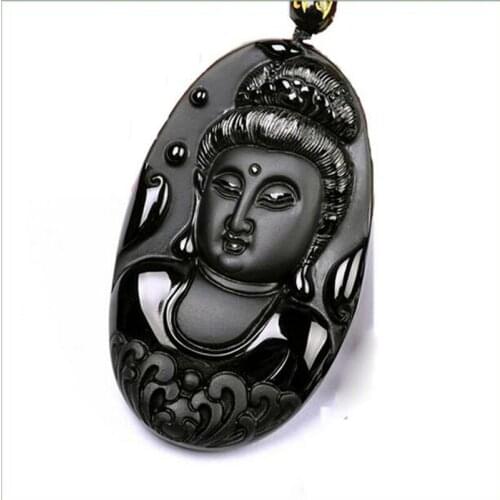 Fine Jewelry Natural Obsidian Hand Carved Guanyin Lucky Amulet Pendant with Free Necklace Women Men Gift