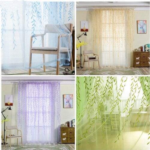 EuropeanRomantic Style Willow Leaves Printed Tulle Curtains Blinds Floral Window Screening Living Room Furniture Home Decor