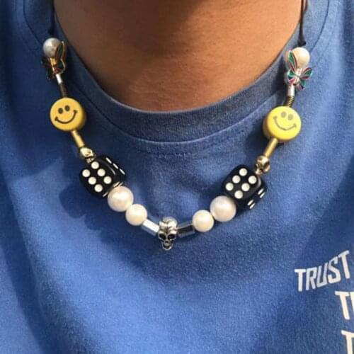 Happy face smile pearl necklace for men women butterfly dice skull charm adjustable necklace korean style y2k jewelry punk hip