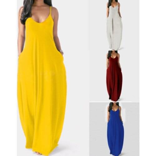 Womens Summer Long Dress Loose Sexy Spaghetti Straps Sleeveless Pockets Solid Color Maxi Dress Casual Plus Size Beach Dresses