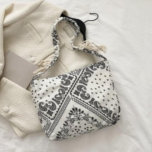 Women Bag Cashew Pattern Printing Bag New Fashion Pleated Canvas Shoulder Shopping Bags Casual Ladies Small Tote Zipper Handbags