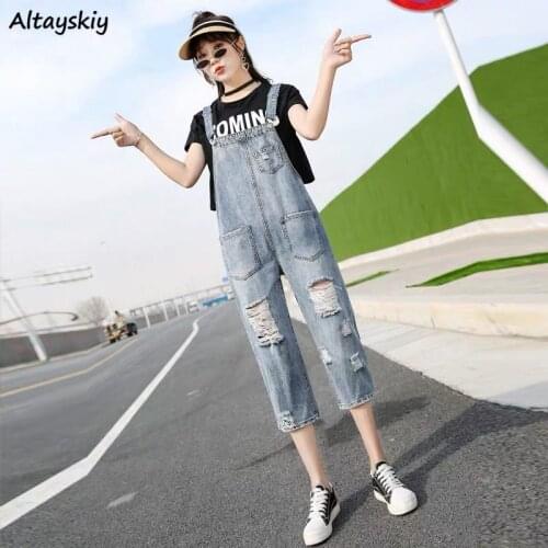 Jumpsuits Women Denim Pockets Cool Students Lovely Washed Harajuku Casual All-match Calf-length BF Hip Hop Trendy Chic Ulzzang