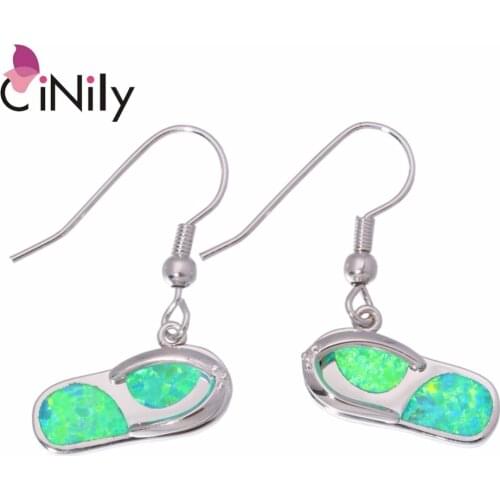 CiNily Created Green Fire Opal Silver Plated Wholesale Flip Flops for Women Jewelry Dangle Earrings 1 1/8" OH3490