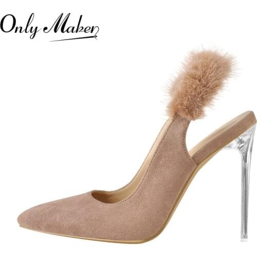 Onlymaker Elegant Womens Pointed Toe Pink Faux Suede Pumps Slingback Artificial Fur Clear Metal Thin Heels Tender