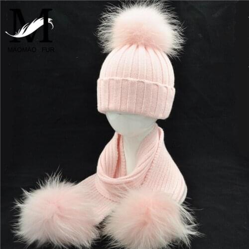 Mother And Child Hat And Scarf Set High Quality Winter Real Raccoon Fur Pom Pom Knitted Fashion New Beanies Hat Scarves