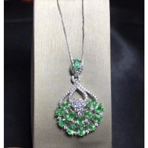 Almei Natural Emerald Dancing Girl Fairy Necklace for Women, 925 Sterling Silver, 3*4mm*14 Pcs Velvet Box Certificate FN186