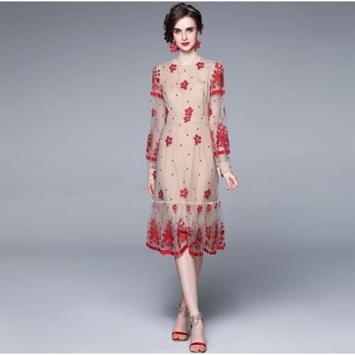 ZUOMAN Women Luxury Embroidery Mesh Dress Festa High Quality Vintage Party Robe Femme Lantern Sleeve Designer Red Vestidos