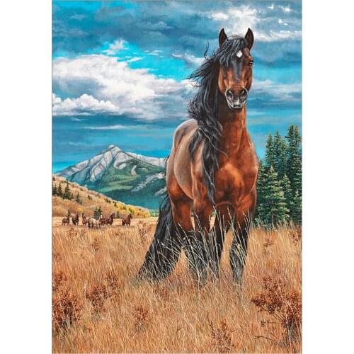 Full Round 5D DIY Diamond Painting Animal Horse Diamond Embroidery Kit Mosaic Alpine Blue Sky Landscape Home Decoration