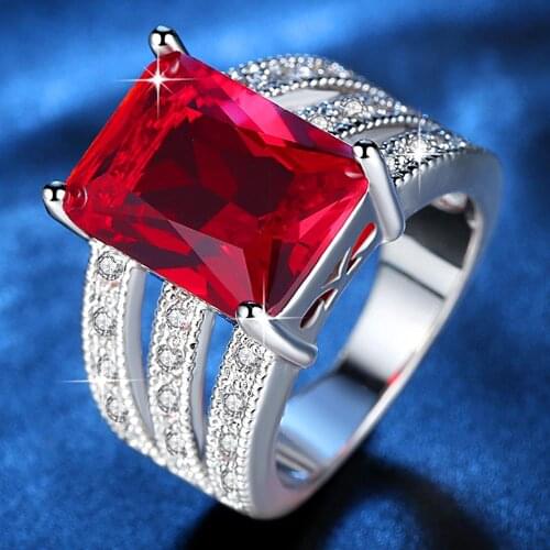 Beiver Exquisite Huge Red Stone Ring for Women Rhodium Plated Micro Pave Cubic Zirconia Ladies Party Jewelry
