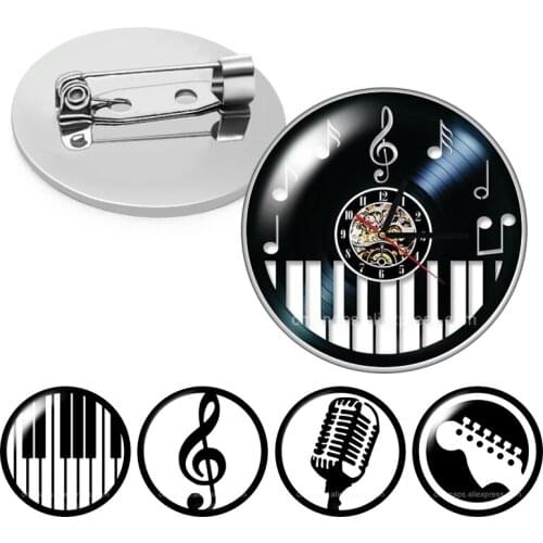 Music disc Musical notes instruments Piano guitar photo Glass cabochon Brooch Dome Photo Jewelry Brooches Pin Men Woman Gift