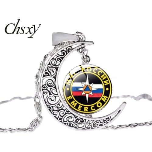 CHSXY МЧС РОССИИ EMERCOM Pendant Necklace Classic Russia Symbol Glass Cabochon Hollow Design Half Moon Long Chain Necklaces Gift