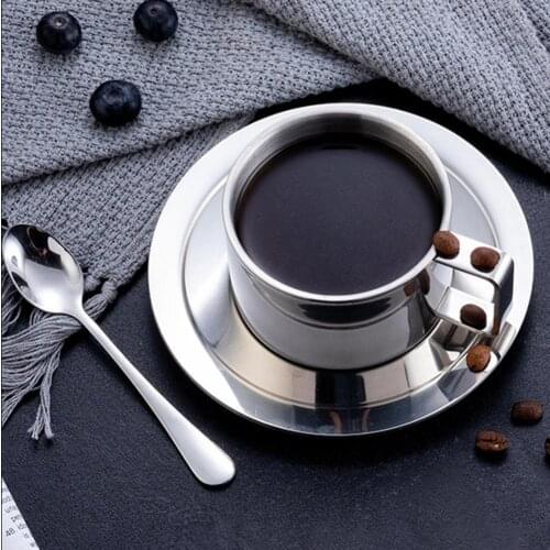 Stainless Steel Double Layer Design Insulated Mug with Dish Spoon Coffee Cup Set
