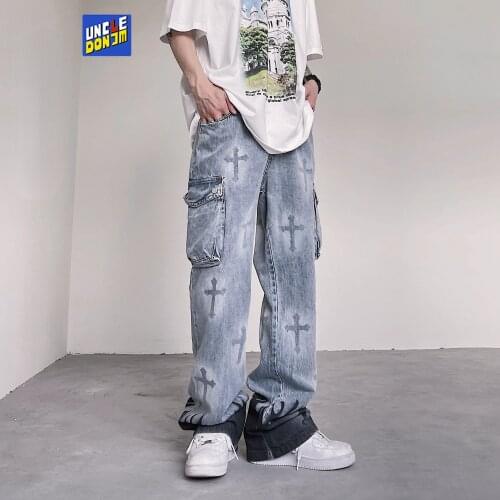 UNCLEDONJM Flame printed jeans men street wear distressed jeans men designer jeans for men graffiti jeans cargo pants men 057