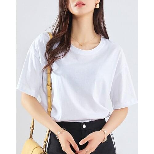 Short-sleeved T-shirt Ladies Summer New Style Pure Cotton Half-sleeved Casual Womens Solid Color Bottoming Shirt Top