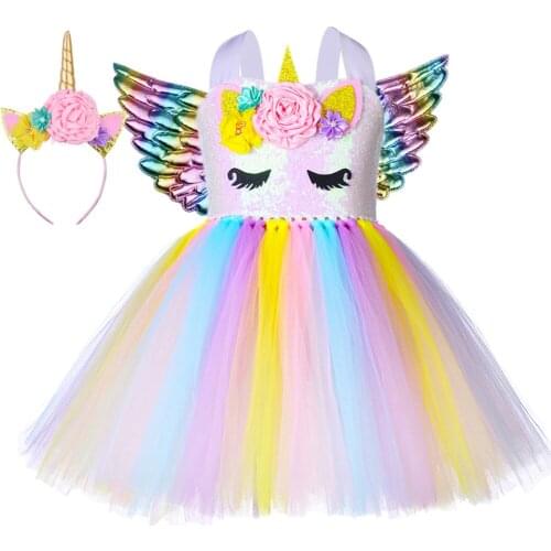Halloween Girl Unicorn Birthday Party Tutu Dress With Headband Wings Kids Girls Flowers Sequin Pony Theme Costume Clothes Outfit