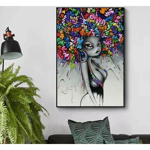 Colorful Abstract Girl Canvas Painting Street Graffiti Art Posters and Prints Modern Pop Wall Art Picture For Living Room Decor