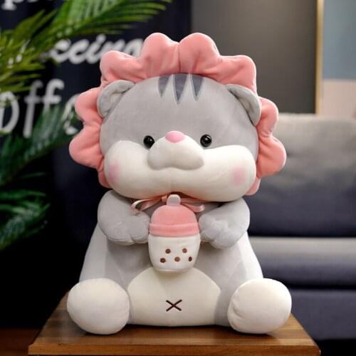 Cute Cat Plush Toy Holding Bubble Tea Toys Stuffed Soft Huggable Animal Boba Pillow Dolls for Girls Kids Birthday Gifts