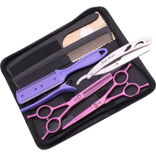 Pink 5.5" Professional Hairdressing Hair Cut Scissors Set Barber Hair Thinning Kit Barber Razor with Blade Comb Case Y1222
