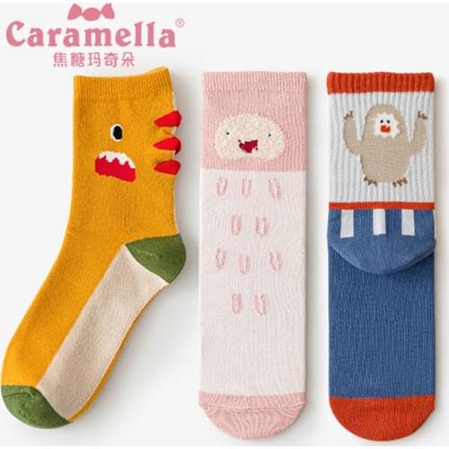 Caramella Co-branded Pidan Cartoon Women Socks 3Pairs Colorful Cute Socks Combed Cotton Funny Girls Socks Mid Crew Hosiery 35-39