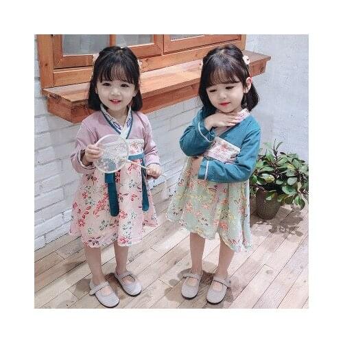 New girls Hanfu spring and summer Chinese style girls baby childrens dress corduroy fashion printing Tang suit princess dress
