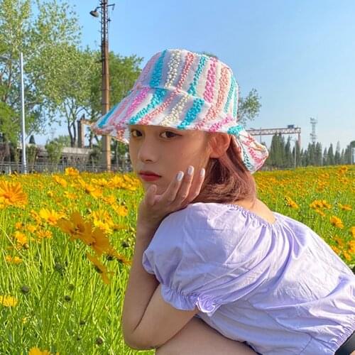 Rainbow Colors Women Bucket Hats Lady Street Style Harajuku Retro Mesh Lace Breathable Outdoor Sunscreen Travel Vacation Caps