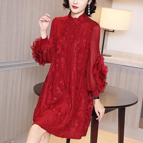 French heavy industry embroidery dress autumn dress 2020 new womens large size fat mm Slim mother long sleeve skirt