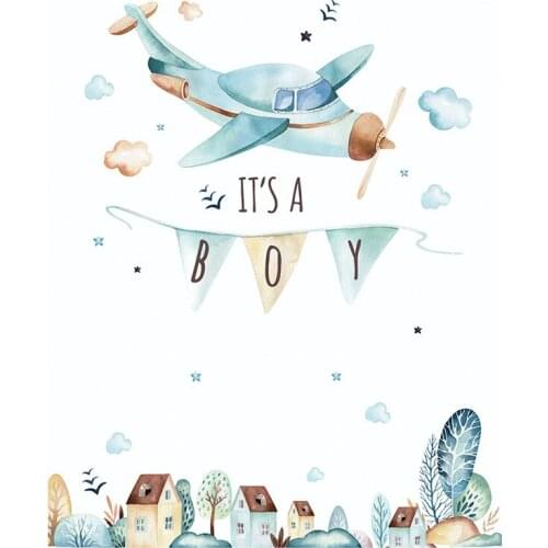 Airplane Fairy Tale Town Art Decal Cartoon Watercolor DIY Wall Sticker Childrens Kindergarten Decoration Its A Boy Baby Shower