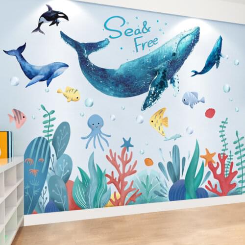 [SHIJUEHEZI] Fish Animals Wall Stickers DIY Seagrass Plants Wall Decals for Kids Room Baby Bedroom Bathroom Home Decoration