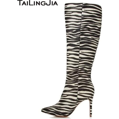 Zebra Women 2019 Knee High Boots Pointed toe High Heels Long Boot Fashion Faux Horse Hair Zipper Closure Winter New Arrival Shoe