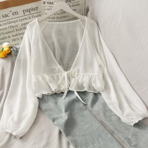 2021 Women Draped Chiffon Blouse Blouson Sleeve Front Tie Waist Beach Cover Up Top Frill Hem Solid Textured Chiffon Top