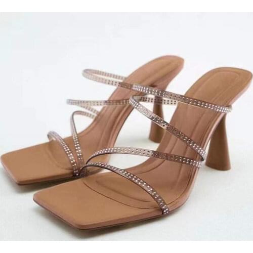 Zar a Woman 2021 Shoes Spring Summer New Fashion Square Toe Blue Denim High Heels Sandals Slippers Women Luxury Brand Plus Size