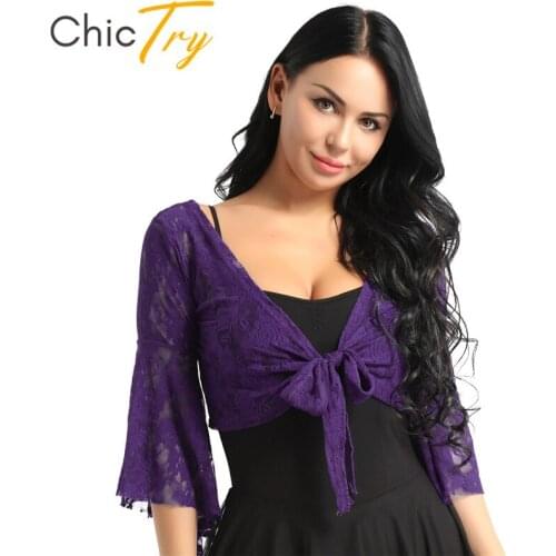 ChicTry Women Long Flare Sleeve Butterfly Lace Ballet Top Dancewear Shrug Ballerina Lyrical Dance Costume Cover Up Cardigan Wrap