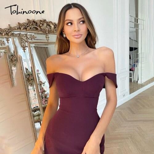 Tobinoone Solid Off Shoulder Mini Dress Women V Neck Backless Sexy Party Club Dresses Sleeveless Bodycon Summer Vestidos 2021