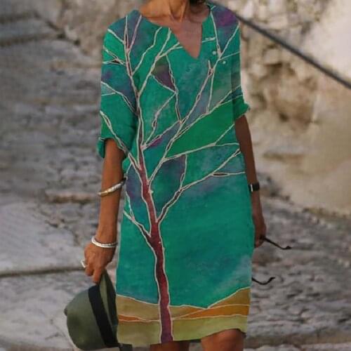 Vintage Geometric Womens Dresses Elegent Casual Fashion Tree Print V-neck Mid-sleeve Slim High-waisted Dress Party Dresses Robe
