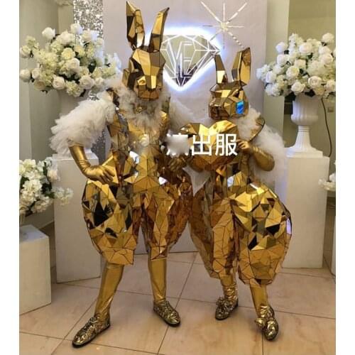 Gold rabbit mirror costume Stage show MEN WOMEN halloween party cosplay costumes