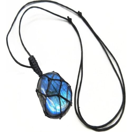 1Pcs Natural Heart Pendant Labradorite Necklace Gem Moonstone Crafts Wrap Braid Macrame Hanging Ornament For Men Women