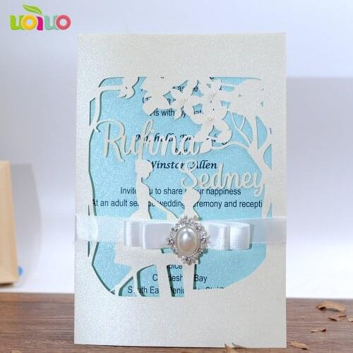 DIY 25set customize inc258 bride groom laser cut wedding invitation card+tied bow+brooch rhinestone+printing card+envelope seal