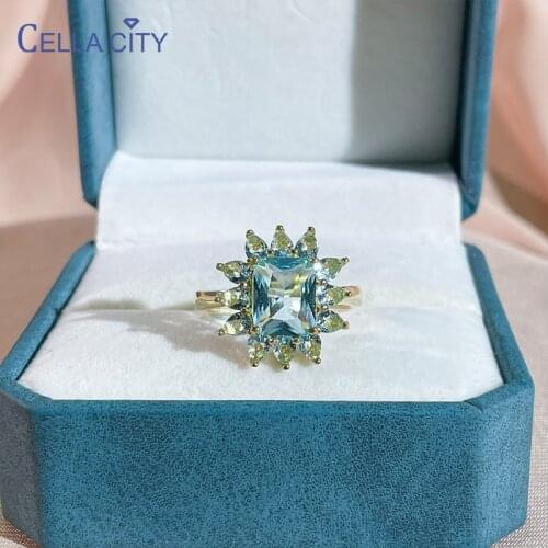 Cellacity New Fashion Sea Blue Zircon Crystal Rings For Women Wedding Party Gold Color Jewelry Ring Wholesale Female Gifts
