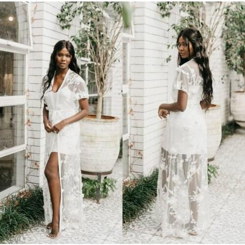 White Women Sleepwear Boudoir Dress Short Sleeve Lingerie Lace Appliqued Robe Cheap Bathrobe Tulle Nightwear Babydoll Robe Gowns