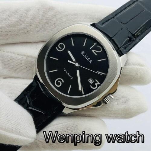 Bliger 40mm Silver Case Sapphire Glass Black Dial Date Luminous Leather Strap Mens Top Automatic Mechanical Watch
