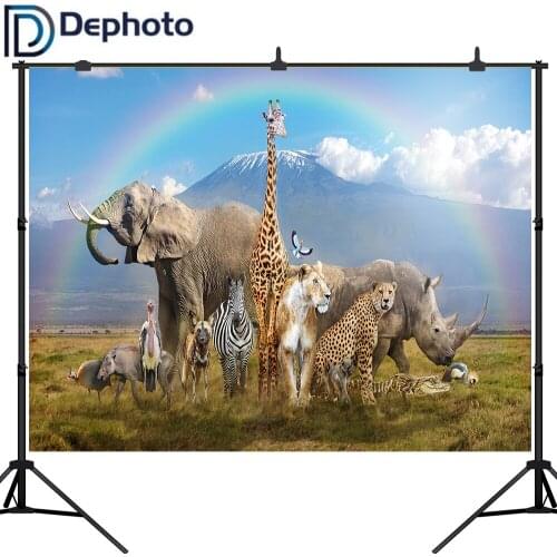 Dephoto Jungle Safari Grassland Animal Backdrop Baby Birthday Party Rainbow Snow Mountain Photo Background Photocall Studio