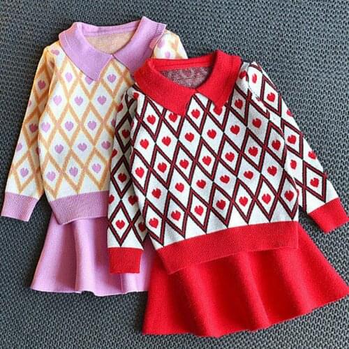2021 Winter Childrens Dresses Toddler Girl Sweater Pullover+Solid Skirt 2pcs Autumn Babys Knitted Sweatdress Kids Casual Dress