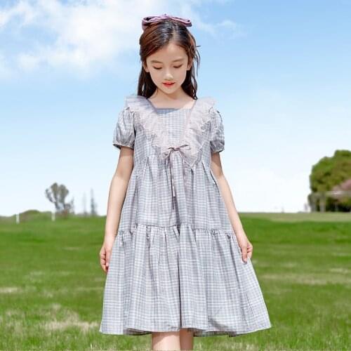 2021 Summer Girl Dress Cotton Plaid Princess Dress Elegant Kids Dresses for Girls 6 8 10 12 14 16 Years Childrens Clothing