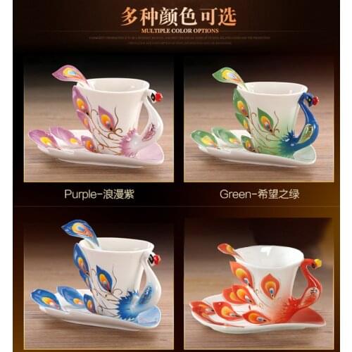 Peacock Coffee Cup Ceramic Creative Cups Bone China 3D Color Enamel Porcelain Cup with Saucer and Spoon Coffee Tea Sets tea cup
