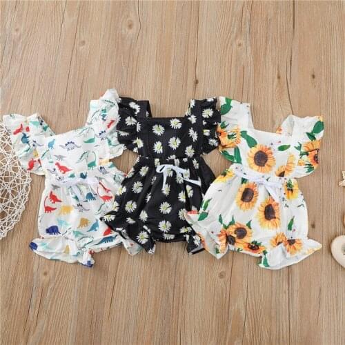 Newborn Baby Girls Clothes Romper Dinosaur/Floral Print Ruffles Short Sleeve Backless Jumpsuits Headband 3 Style