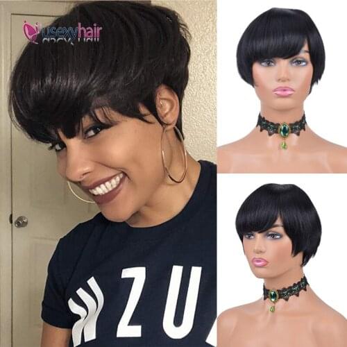 Short Pixie Cut Wigs None Lace Front Human Hair Wigs With Bangs For Black Women Machine Made Brazilian Remy Human Hair Wig